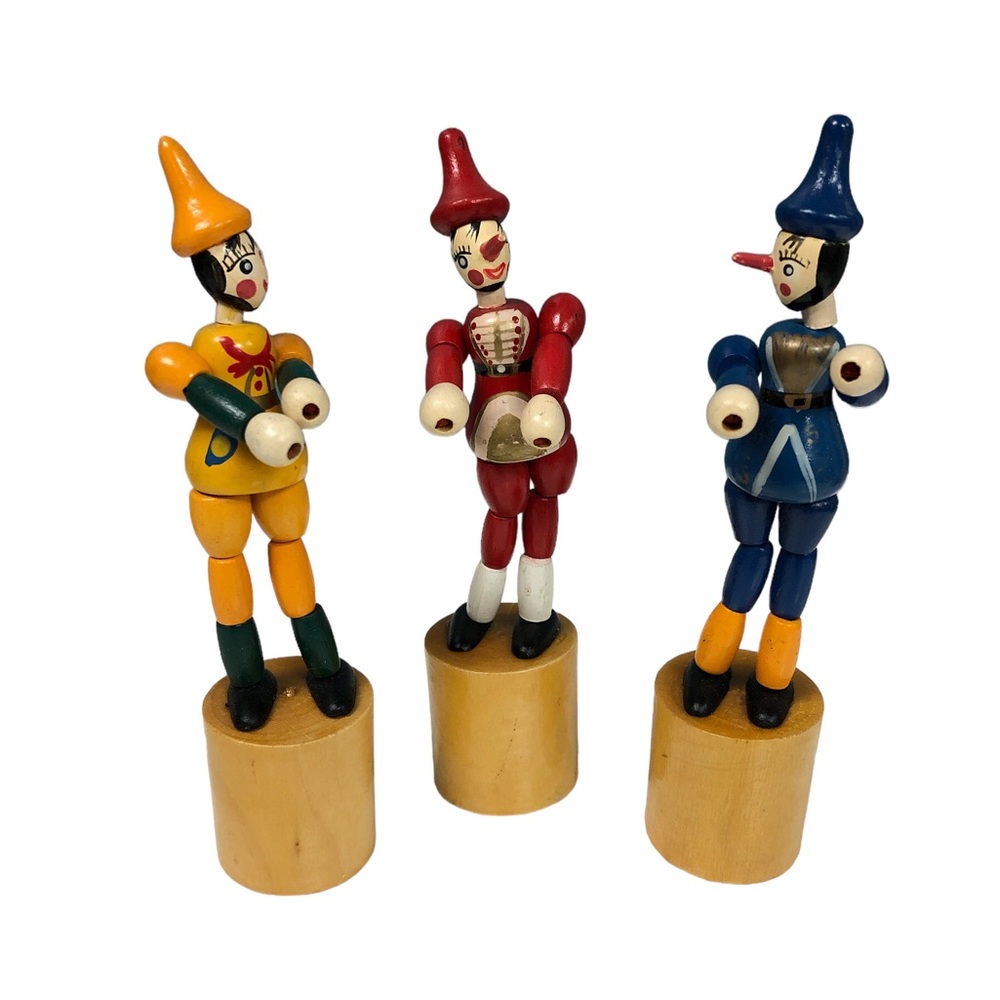 Lot of 3 WOODEN PINOCCHIO COLLAPSING PUPPETS 5inch Tall Vintage *read